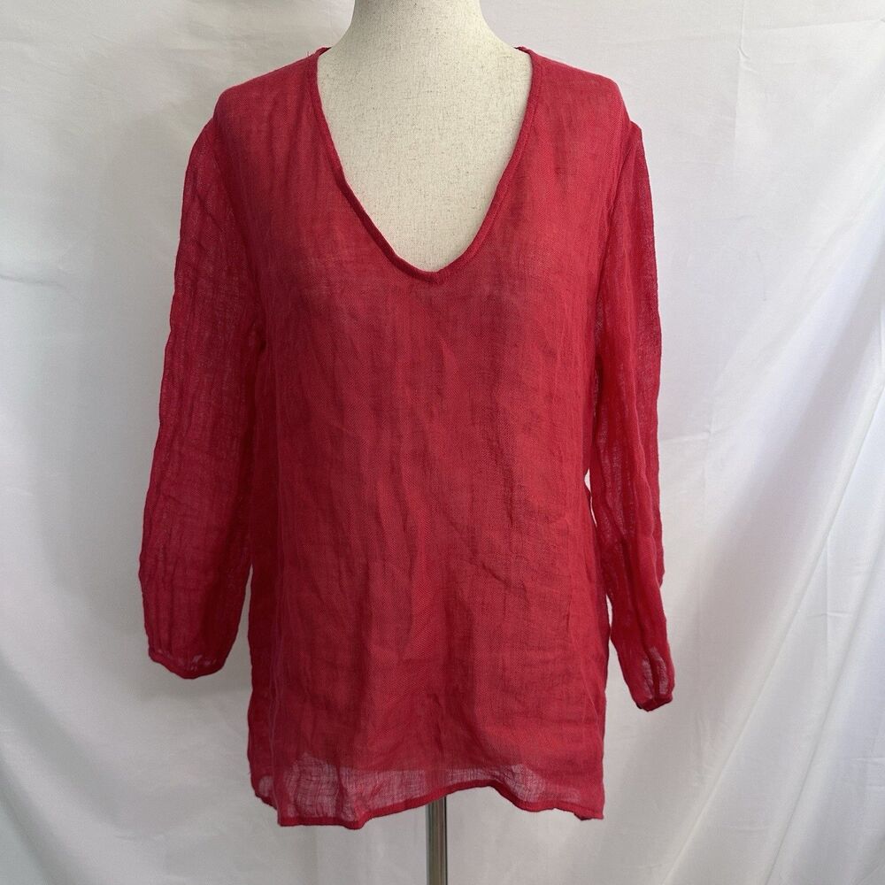 Eileen Fisher Sheer 100% Linen Blouse V - Neckline Unlined Top SMALL Petite PS